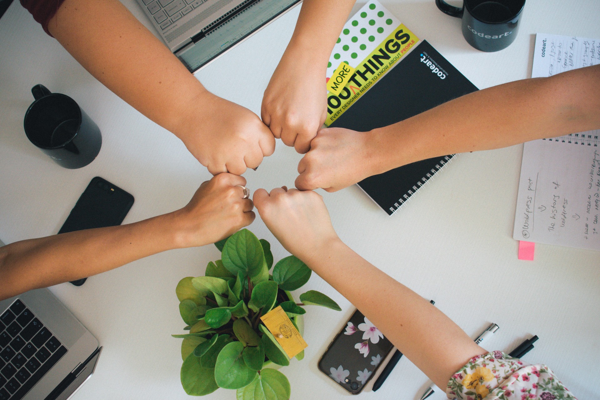Hands meeting together over a worktable — the whole organization, committed as one