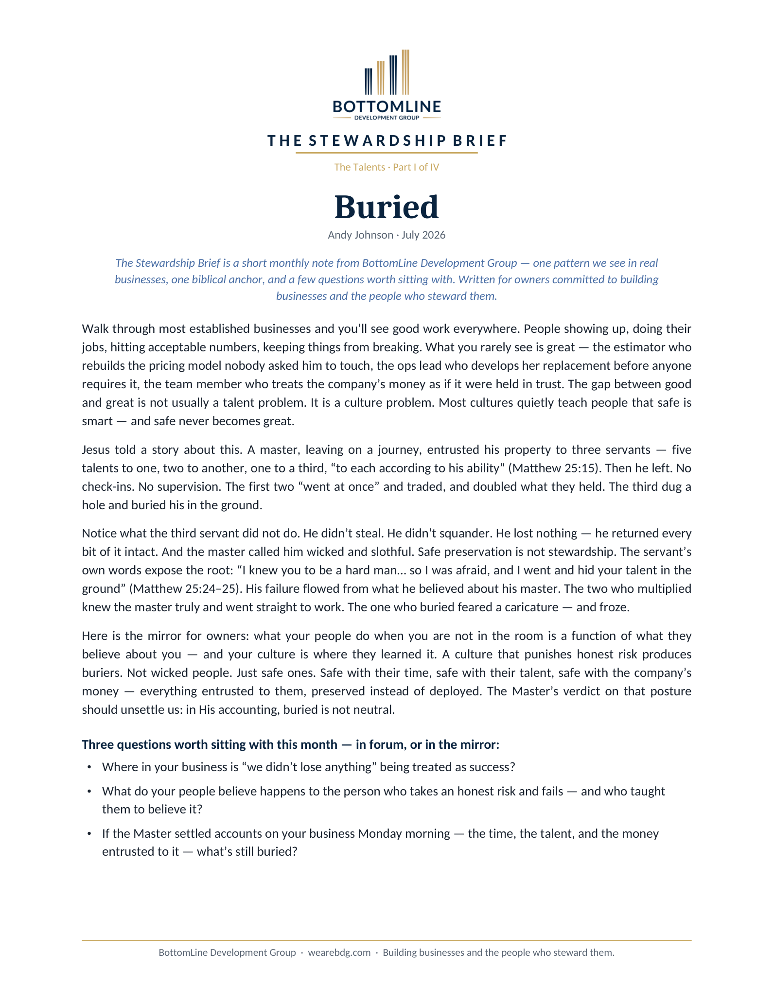 The Stewardship Brief No. 01, “Buried,” by Andy Johnson — the published one-page brief, as designed. Its full text is provided below for screen readers and in the linked PDF.